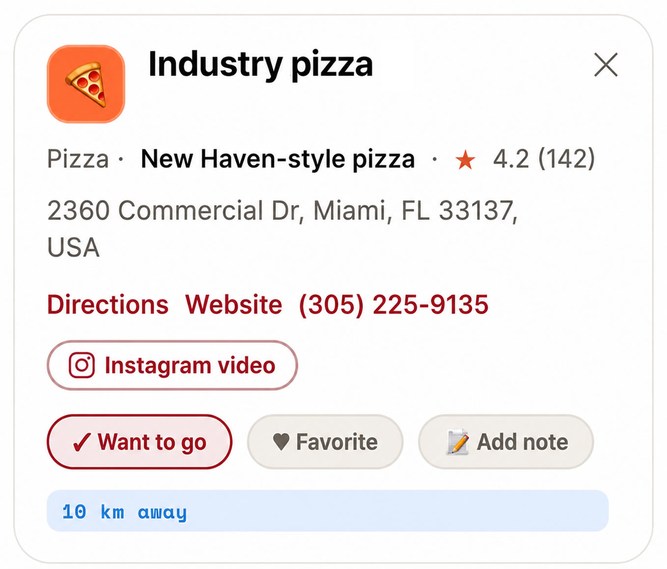 A restaurant listing with address, hours and rating